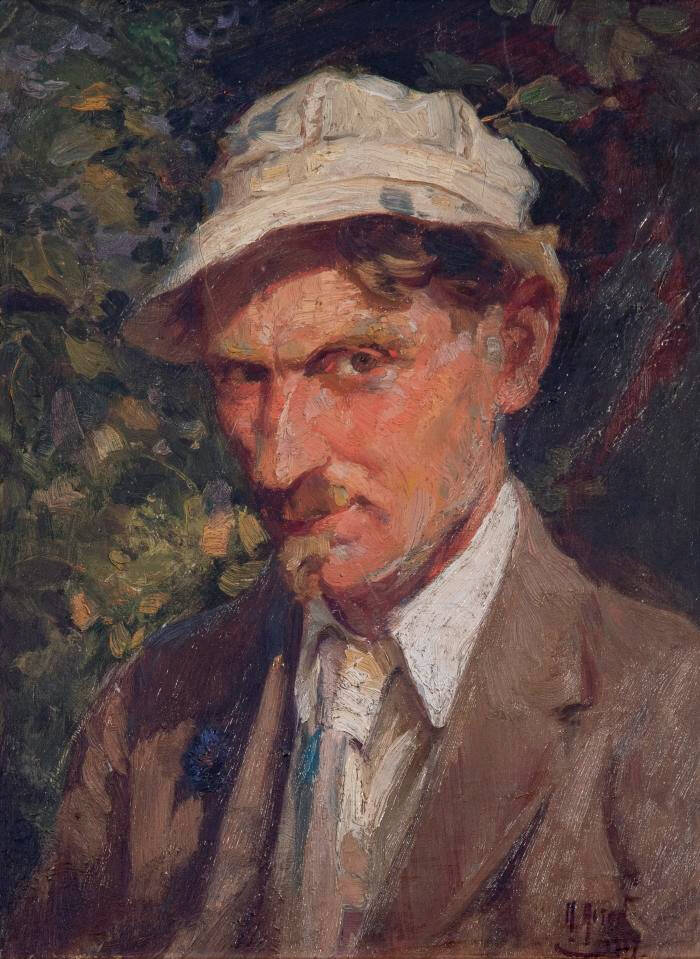 A portrait painting of a man standing outside wearing a white hat and light colored suit.